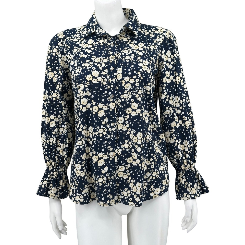 Lauren Conrad Top Womens XS Navy Floral Button Up Long Sleeve Ruffle Preppy Work